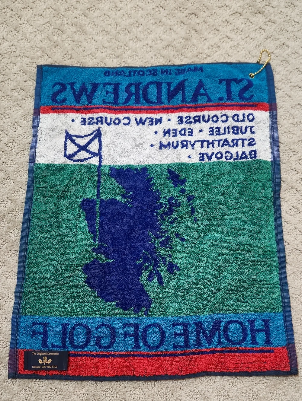 St. Andrews Golf Towel Home of Golf Blue & Green Made In Scotland